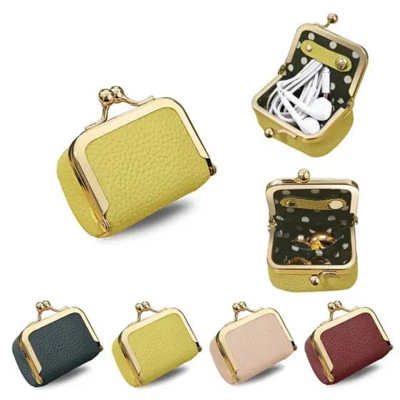 Couro genuíno Mini fone de ouvido saco de armazenamento jóias boca saco de ouro couro genuíno moeda bolsa caixa de jóias