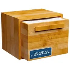 Recipiente Clean Club Luxe de bambu com gaveta retrátil inclui toalhas de limpeza. ®   Original XL, 50 Unidades, Suporte