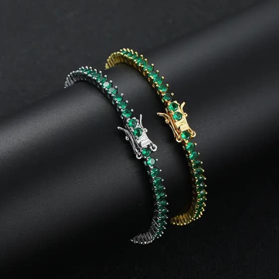 Pulseira de zircônia esmeralda de 3mm com três garras, feita de cobre banhado a ouro e prata.   HIPX