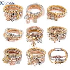 LT 3 Pcs/Set Crystal Butterfly Heart Lock & Key Shape Pendant Pulseira Elástica Multi-Camadas Bangle Punk Jewelry YQ6B