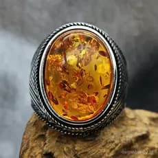 Anel de Noivado de Prata com Pedra Âmbar, Estilo Punk Vintage, Joia de Liga de Titânio, Anel Masculino de Aço para Casam
