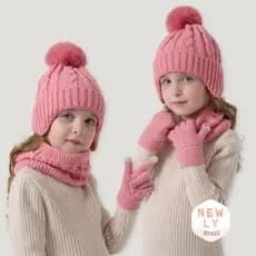 LIAYING Gorro Infantil , Conjunto De Luvas E Cachecol Para Crianças De 3 A 10 Anos , Chapéus De Malha Com Pompom Grosso