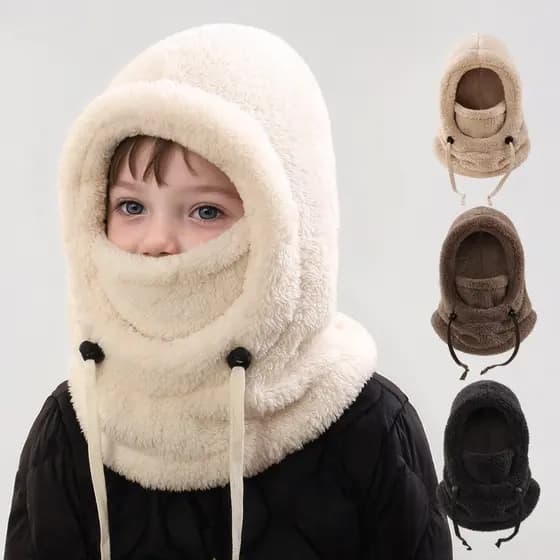 Balaclava Infantil com Orelhas de Urso, Cachecol 3 em 1, Capa e Gorro de Lã de Ovelha Tricotado