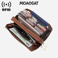 Carteira Feminina com Bloqueio RFID, Zíper Duplo, Porta-Cartões em Acordeão, Clutch Vintage de Grande Capacidade