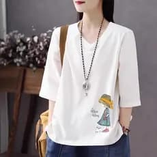 a3489 Camiseta Feminina de Manga Curta com Estampa de Desenho Animado, Algodão, Nova 2026, Camiseta de Manga Três-Quarto