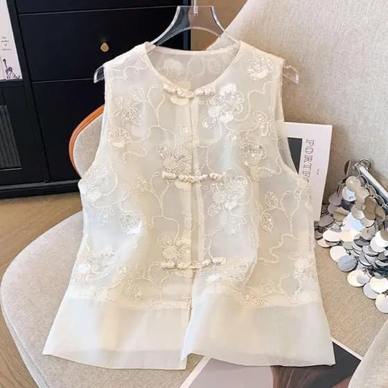 Nova roupa feminina de estilo chinês, colete sem mangas de estilo étnico para primavera e outono, top ajustado em format