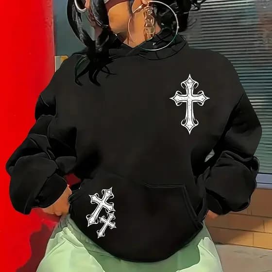 MOLETOM Hoodie preto de manga comprida para homem com estampa cruzada e bolso canguru - Sweatshirt de algodão