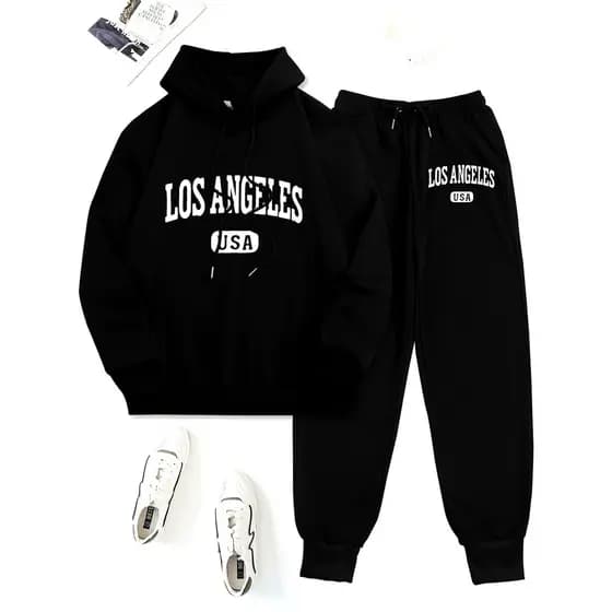 Conjunto de Duas Peças Blusa e calça de moletom com Estampa de Letras, Hoodie e Calças, Roupa de Mulher