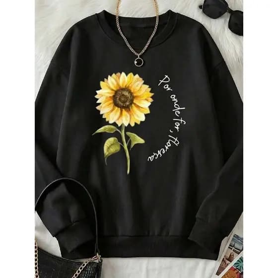 Moletom Gola Careca de Manga Longa com Estampa Girassol Presente Para Ela Mulher, Outono, Inverno
