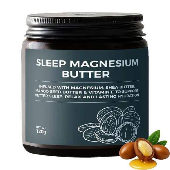 Sleep Magnesium Butter, um creme corporal de magnésio para noites de inverno profundo, contendo manteiga de karité e man