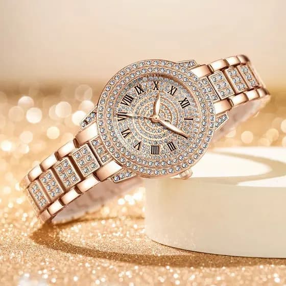 Relógio feminino com padrão romano incrustado de diamantes, pulseira e conjunto de joias femininas, disponível para drop