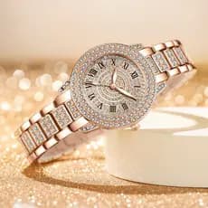 Relógio feminino com padrão romano incrustado de diamantes, pulseira e conjunto de joias femininas, disponível para drop