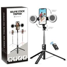 Tripé para Selfie 6 em 1 com Luzes de Preenchimento Duplas e Controle Remoto Sem Fio |   Suporte de Telefone Portátil e