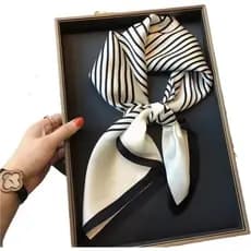 Lenço de Seda para Mulheres, Lenço de Cetim de Seda Feminino, Lenço de Cabeça Quadrado com Estampa Listrada