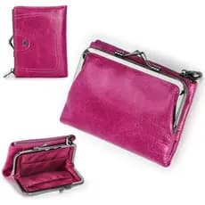 CONTACTS Carteira Feminina com Fecho Kiss Lock em Couro, Pequena Bolsa de Moedas com Zíper para Mulheres, Carteira Dobrá