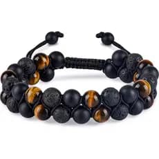 Pulseira de Proteção Tripla para Homens e Mulheres, Pulseira de Contas Feita à Mão com Olho de Tigre, Ônix Preto e Pedra