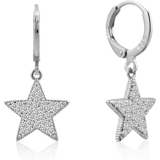Brincos Pendentes de Argola com Estrela de Strass em Prata Esterlina 925/Dourado para Mulheres