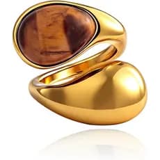 Anel Aberto Chunky com Pedra Olho de Tigre Banhado a Ouro 14K, Estilo Boho Vintage, Anéis Ajustáveis para Mulheres, Joia