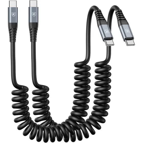 Cabo USB C para C de 3 pés, pacote com 2 unidades, cabo carregador USB C em espiral para carro, cabo de carregamento ráp