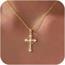 Presentes de Páscoa, Colar de Cruz com Coroa para Mulheres, Colar Banhado a Ouro 18K com Zircônia, Presentes de Batismo