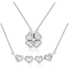 Colar de Trevo de Quatro Folhas Banhado a Prata e Ouro 14K, Colar Brilhante 2 em 1 com Amuleto da Sorte para Mulheres, J