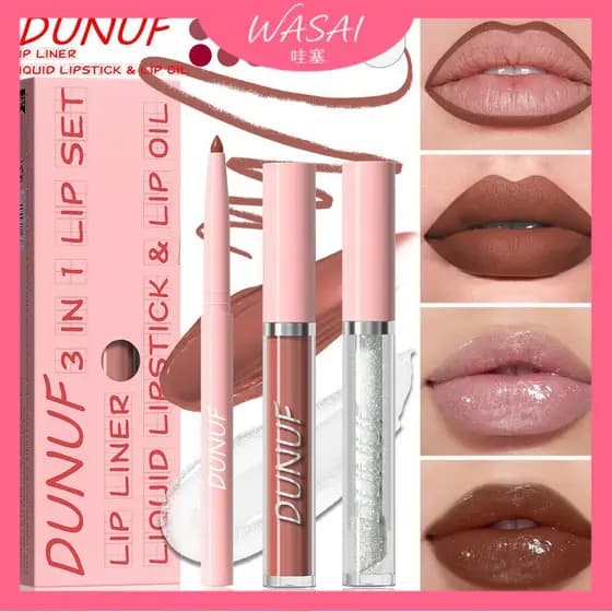 [Venda quente] DUNUF 3 em 1 delineador labial + brilho labial + óleo labial 3 em 1 brilho labial segurar cor não é fácil