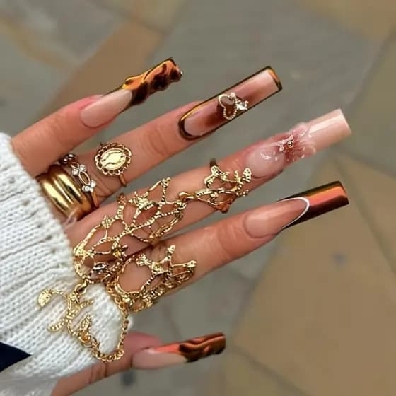 Unhas Postiças Quadradas Longas Marrons, Unhas Acrílicas Emborrachadas com Design de Flores 3D, Unhas Adesivas para Mulh