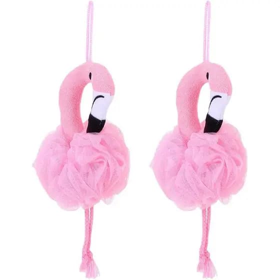 Bola de Banho Flamingo, Pacote com 2, Esponja Esfoliante para o Corpo, Esponja de Banho de Malha Macia para Limpeza Prof