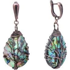Brincos de Árvore da Vida em Concha de Abalone Marinho com Fio de Cobre Bronzeado para Mulheres, Fecho Vintage