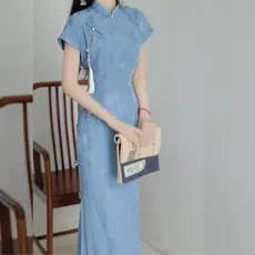 Primavera/Verão 2024, cheongsam de estilo chinês com jacquard, manga curta, para uso diário, azul vintage, novo estilo j