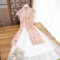 Vestido Rosa Jovem para Mulheres, Estilo Chinês, Manga Curta, Novo 2026, Estampa Floral, Vestido de Verão Elegante e Art