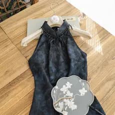 Cheongsam Feminino Sem Mangas Jacquard Aprimorado 2026, Azul Marinho, Estilo Chinês, Elegância de Xangai, Vintage, Prima