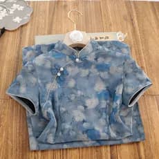 Vestido Feminino Elegante Azul de Verão 2026, Manga Curta, Estilo Jovem e Moderno, Estilo Chinês Aprimorado QZK6
