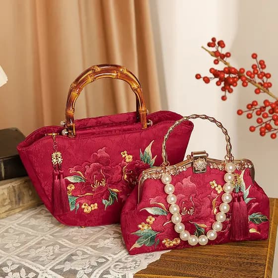 Bolsa de casamento bordada com motivos de estrela e lua, bolsa de casamento tradicional chinesa, bolsa grande vermelha E