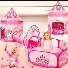 Barraca 3 em 1 Rosa  Unicórnio Infantil com Castelo, Túnel e Piscina de Bolinhas com Cesto de Basquete