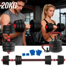 Kit de Treino Funcional 20 kg – Halteres, Barra, Supino e Kettlebell – Preto | Conjunto de Halteres e Anilhas Ajustáveis