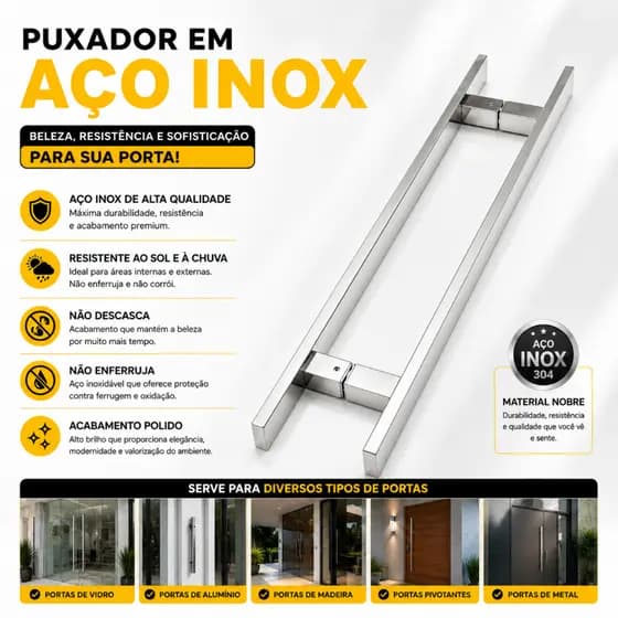 Puxador 60cm Inox 304 Premium Polido Alto Brilho Barra Larga Alta Resistência p Porta Pivotante