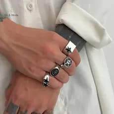 Anel Aberto Geométrico Grosso Estilo Hip-Hop com Pentagrama Preto Largo de Quatro Peças para Homens EA & Moda KISZ