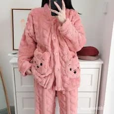 Pijama Feminino de 2 peças de Pijama de Outono Inverno Pijama Feminino de Lã de Coral Pensando Roupa de Estudante Cartoo