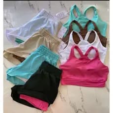 Conjunto Fitness Short Duplo Com Bolso + Top Academia Beach Tênis