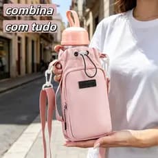Bolsa porta garrafa Possui amplo bolso frontal para guardar celular Fecho de cordão firme Capa para garrafa Fácilde usar