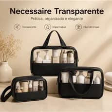 Kit 3 Necessaires Transparentes Impermeável Viagem Bolsa Cosméticos Higiene Organizador Fácil Limpar Alça Portátil