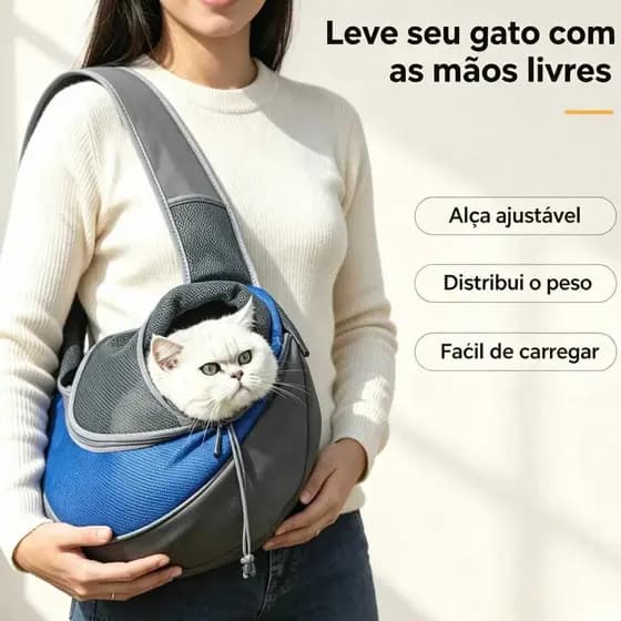Bolsa transportadora pet transversal torácica portátil, de amplo espaço com abertura para a cabeça do animal