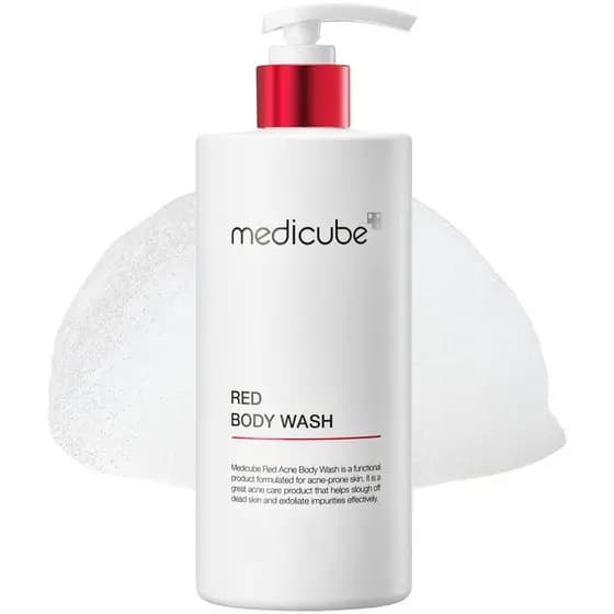 Gel de Banho Medicube Red 14.10 fl oz é um limpador hidratante de baixo pH que contém ácido salicílico, ácido lático e n