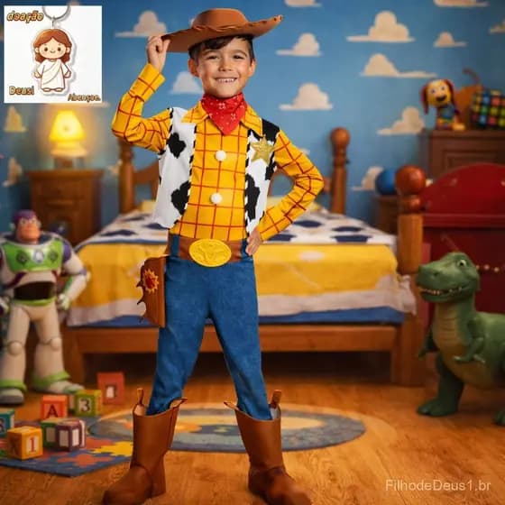 Fantasia Infantil Woody Toy Story Xerife Cowboy Com Bandana Colete Calça Camiseta Cinto Festas