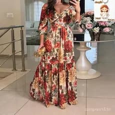 Vestido Feminino Europeu E Americano Elegante Estampado irregular Com Decote Em v (28782)