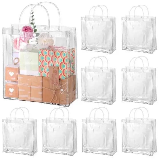 10 Pacotes de Sacolas de Presente Reutilizáveis de PVC Transparente com Alças