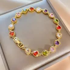 Pulseira de Zircônia em Forma de Coração Arco-Íris, Banhada a Ouro Real, Joia Feminina Estilo Vintage G8WA