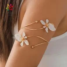 Pulseira Aberta Floral LUCIAE, Bracelete de Flor em Metal Dourado, Anel de Braço Esmaltado Feito à Mão QOSW