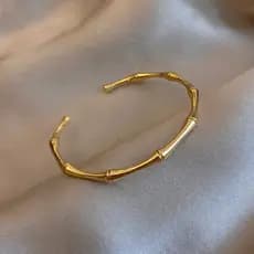 Pulseira Aberta de Aço Inoxidável com Design de Bambu em Ouro 18K HT, Joia Elegante para Mulheres HF2K JSVV